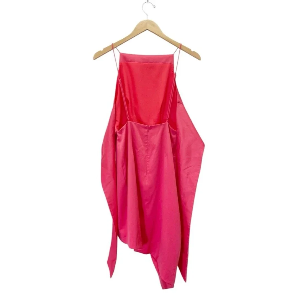 ELLIATT Satin Asym Mini Dress Melon Coral Pink Open Back Bow XS Party Cocktail